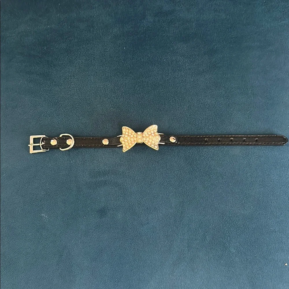 Black Leather pet collar with Gold Bow